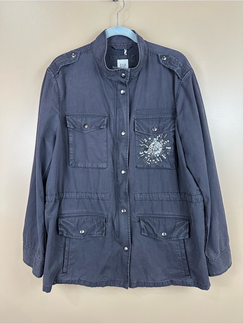 GAP Womens Blue Gray Beaded Sequin Embellished Utility Field Jacket XL